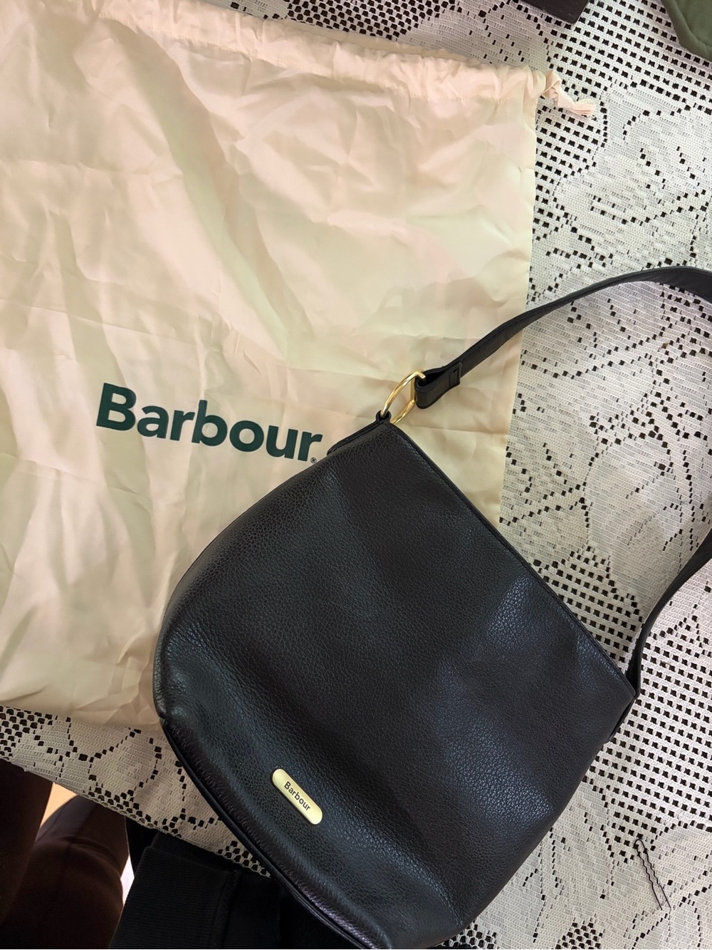 Barbour Black Pebbled Leather Shoulder Bag with Gold Hardware